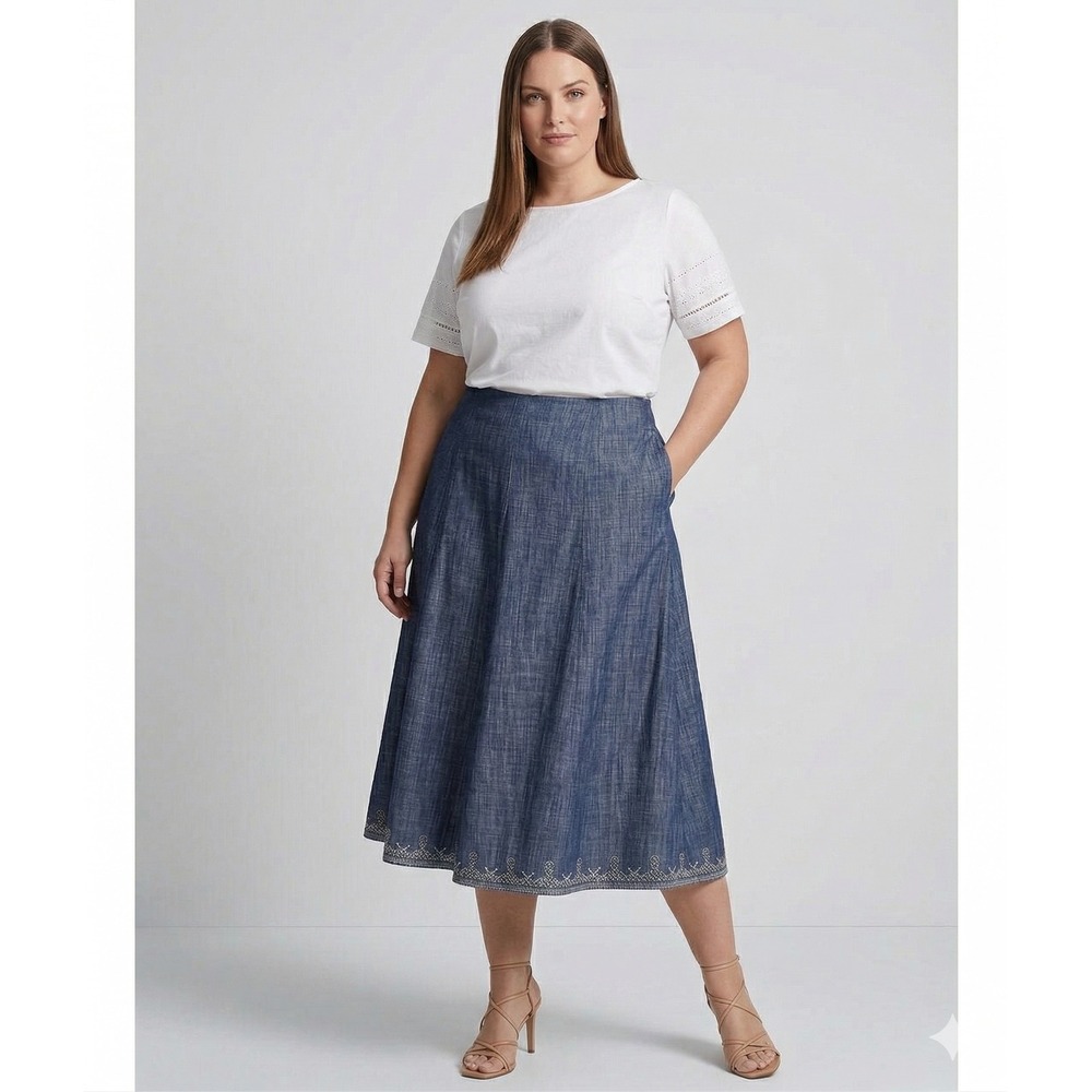 Chancelle‎ Womens Size 16 Blue Denim Look Embroidered Hem Midi A-Line Skirt